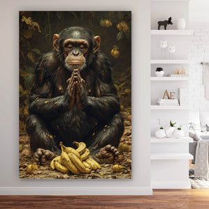 Aluminiumbild gebürstet Meditierender Schimpanse mit Bananen Hochformat