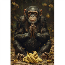 Lade das Bild in den Galerie-Viewer, Aluminiumbild Meditierender Schimpanse mit Bananen Hochformat
