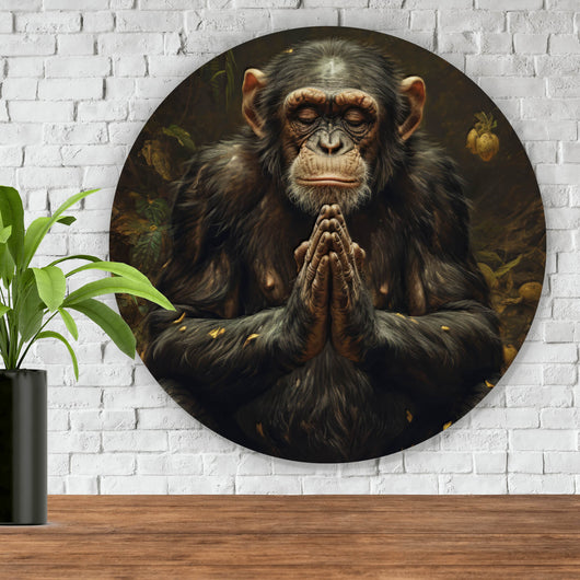 Aluminiumbild gebürstet Meditierender Schimpanse mit Bananen Kreis