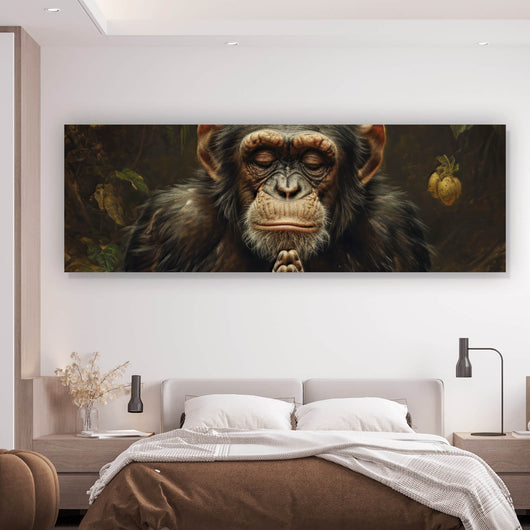 Aluminiumbild gebürstet Meditierender Schimpanse mit Bananen Panorama