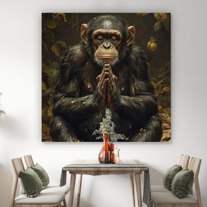 Aluminiumbild gebürstet Meditierender Schimpanse mit Bananen Quadrat