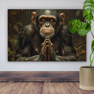 Aluminiumbild gebürstet Meditierender Schimpanse mit Bananen Querformat