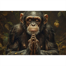Lade das Bild in den Galerie-Viewer, Leinwandbild Meditierender Schimpanse mit Bananen Querformat
