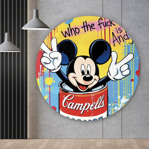 Aluminiumbild Micki in einer Suppendose Pop Art Kreis