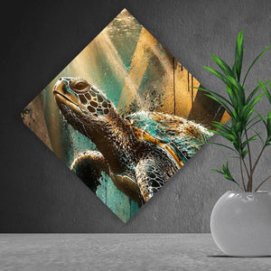 Aluminiumbild gebürstet Modern Art Schildkröte im Street Art Stil Raute