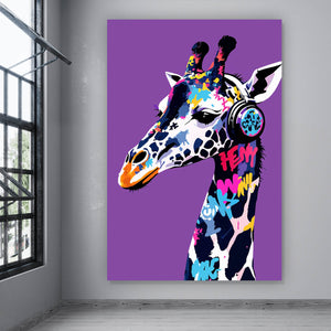 Acrylglasbild Moderne Giraffe mit Kopfhörern Kunst Hochformat