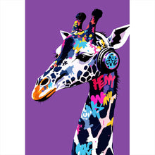 Lade das Bild in den Galerie-Viewer, Aluminiumbild Moderne Giraffe mit Kopfhörern Kunst Hochformat
