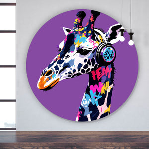 Aluminiumbild Moderne Giraffe mit Kopfhörern Kunst Kreis