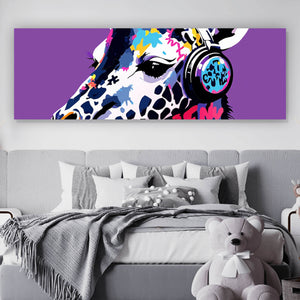 Leinwandbild Moderne Giraffe mit Kopfhörern Kunst Panorama