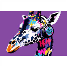 Lade das Bild in den Galerie-Viewer, Aluminiumbild Moderne Giraffe mit Kopfhörern Kunst Querformat
