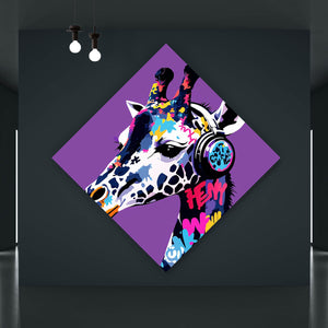 Acrylglasbild Moderne Giraffe mit Kopfhörern Kunst Raute