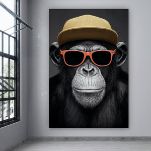 Leinwandbild Moderner Affe mit Mütze und Brille Hochformat