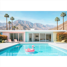 Lade das Bild in den Galerie-Viewer, Aluminiumbild gebürstet Modernes Poolhaus mit Palmen und Bergkulisse Querformat
