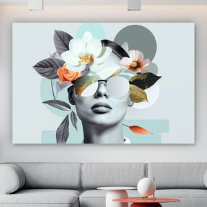 Aluminiumbild gebürstet Modernes  Porträt mit Blumenarrangement Querformat