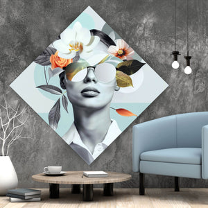 Aluminiumbild gebürstet Modernes  Porträt mit Blumenarrangement Raute