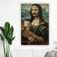 Lade das Bild in den Galerie-Viewer, Aluminiumbild Mona mit Schnurrbart und Bierkrug in der Hand Hochformat
