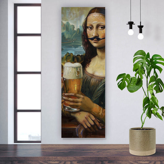 Acrylglasbild Mona mit Schnurrbart und Bierkrug in der Hand Panorama Hoch