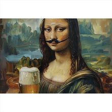 Lade das Bild in den Galerie-Viewer, Aluminiumbild Mona mit Schnurrbart und Bierkrug in der Hand Querformat
