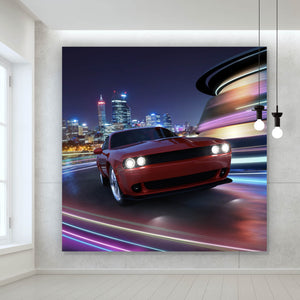 Acrylglasbild Muscle Car in der Stadt bei Nacht Quadrat