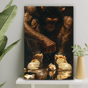 Poster Muskulärer Affe mit goldenen Sneaker Hochformat