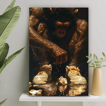 Lade das Bild in den Galerie-Viewer, Acrylglasbild Muskulärer Affe mit goldenen Sneaker Hochformat
