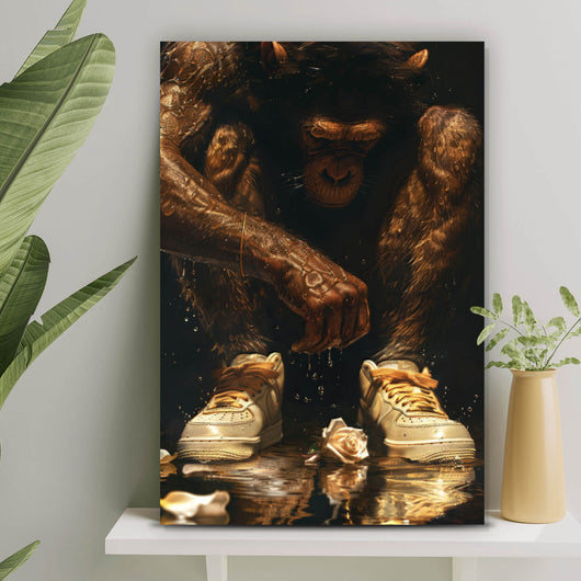 Acrylglasbild Muskulärer Affe mit goldenen Sneaker Hochformat