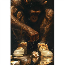 Lade das Bild in den Galerie-Viewer, Aluminiumbild gebürstet Muskulärer Affe mit goldenen Sneaker Hochformat
