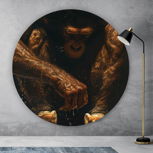 Aluminiumbild Muskulärer Affe mit goldenen Sneaker Kreis