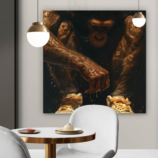 Spannrahmenbild Muskulärer Affe mit goldenen Sneaker Quadrat