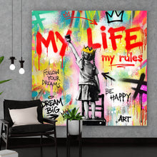 Lade das Bild in den Galerie-Viewer, Aluminiumbild gebürstet My Life my rules Pop Art Quadrat
