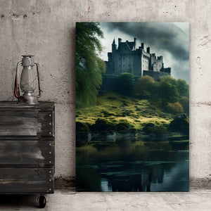 Leinwandbild Mystische Burg im Nebel Hochformat