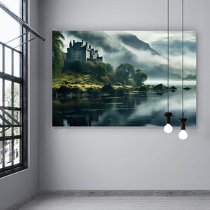 Leinwandbild Mystische Burg im Nebel Querformat