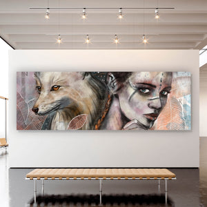Spannrahmenbild Mystische Frau mit Fuchs Abstrakt Panorama