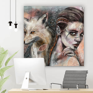 Spannrahmenbild Mystische Frau mit Fuchs Abstrakt Quadrat