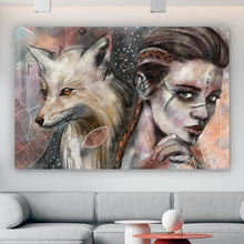 Lade das Bild in den Galerie-Viewer, Spannrahmenbild Mystische Frau mit Fuchs Abstrakt Querformat
