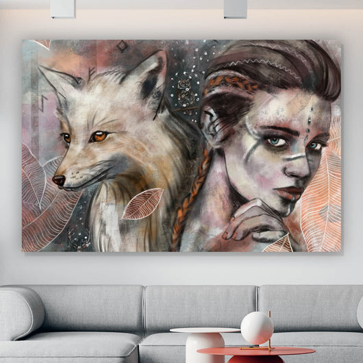 Spannrahmenbild Mystische Frau mit Fuchs Abstrakt Querformat