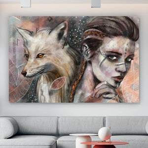 Leinwandbild Mystische Frau mit Fuchs Abstrakt Querformat
