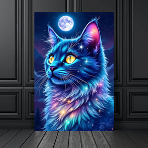 Aluminiumbild Mystische Katze unter leuchtendem Mond Hochformat
