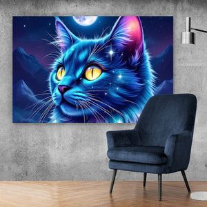 Poster Mystische Katze unter leuchtendem Mond Querformat