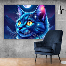 Lade das Bild in den Galerie-Viewer, Aluminiumbild gebürstet Mystische Katze unter leuchtendem Mond Querformat

