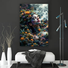 Lade das Bild in den Galerie-Viewer, Acrylglasbild Mystische rauchende Frau mit Blüten Hochformat
