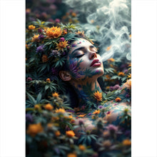 Lade das Bild in den Galerie-Viewer, Leinwandbild Mystische rauchende Frau mit Blüten Hochformat
