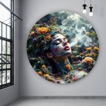 Lade das Bild in den Galerie-Viewer, Aluminiumbild Mystische rauchende Frau mit Blüten Kreis
