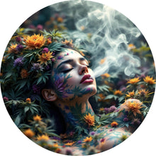 Lade das Bild in den Galerie-Viewer, Aluminiumbild Mystische rauchende Frau mit Blüten Kreis
