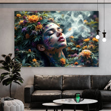Lade das Bild in den Galerie-Viewer, Leinwandbild Mystische rauchende Frau mit Blüten Querformat
