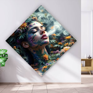 Aluminiumbild Mystische rauchende Frau mit Blüten Raute