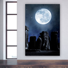 Lade das Bild in den Galerie-Viewer, Acrylglasbild Mystische Steinformation unter leuchtendem Vollmond Hochformat
