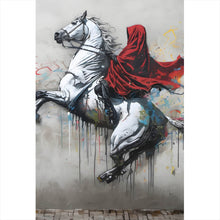 Lade das Bild in den Galerie-Viewer, Aluminiumbild gebürstet Banksy Mystischer Reiter auf steigendem Pferd Hochformat
