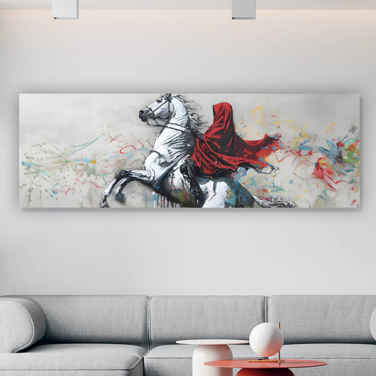Spannrahmenbild Banksy Mystischer Reiter auf steigendem Pferd Panorama