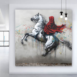 Spannrahmenbild Banksy Mystischer Reiter auf steigendem Pferd Quadrat